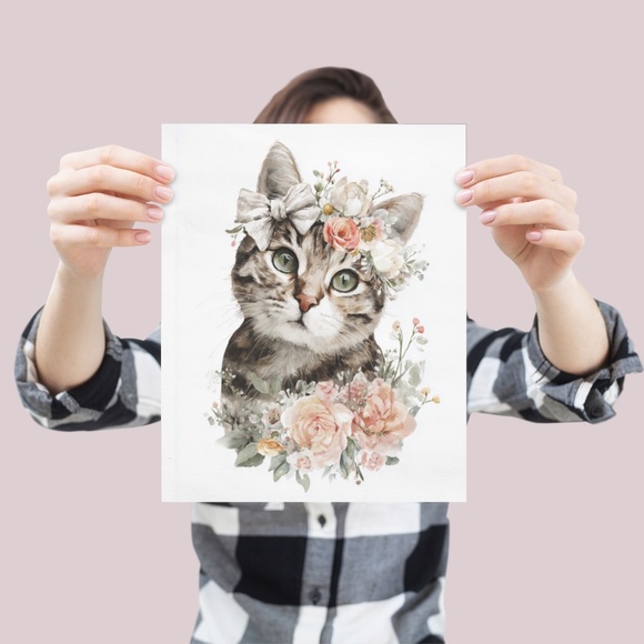 Watercolor American Shorthair Cat with Flower Crown Wall Art Print - Picture 4 of 6